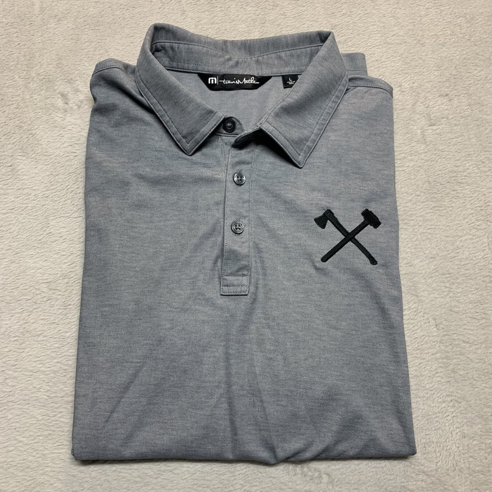 Travis Mathew Polo Shirt Mens L Gray Short‎ Sleeve Lumberjack Axe Man